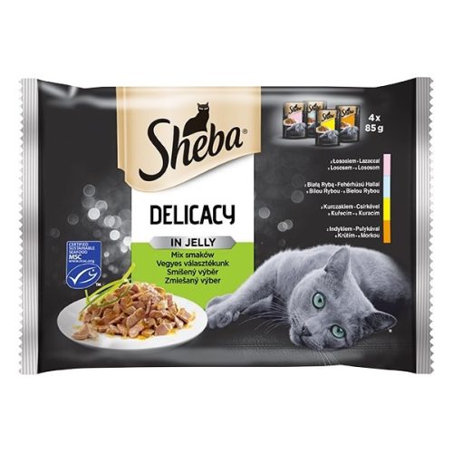 Állateledel alutasakos SHEBA Delicacy macskáknak 4-pack vegyes lazac-hal-csirke-pulyka válogatás 4x85g