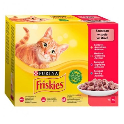 Állateledel alutasakos PURINA Friskies macskáknak csirke-marha-bárány-kacsa 12x85g